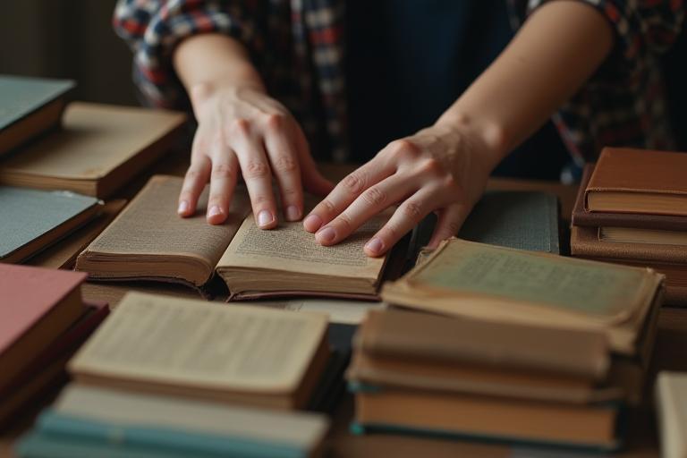 Mãos organizando uma seleção de livros diversos.