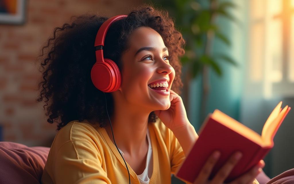 Pessoa ouvindo feliz um audiolivro em um dispositivo.